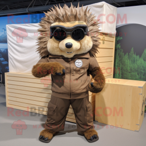 Brown Porcupine mascot costume character dressed with a Cargo Pants and Sunglasses