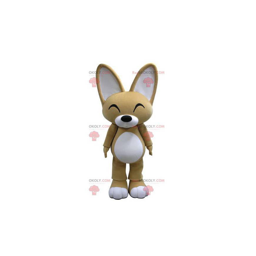 Mascote de raposa bege e branca com orelhas grandes -