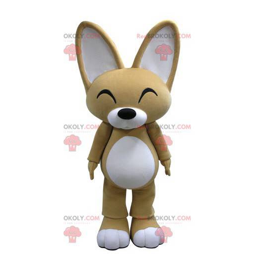 Mascote de raposa bege e branca com orelhas grandes -