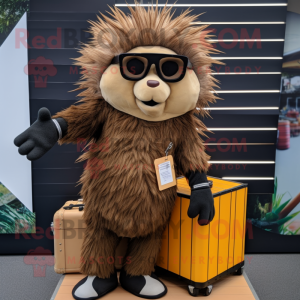 Brown Porcupine mascot costume character dressed with a Cargo Pants and Sunglasses