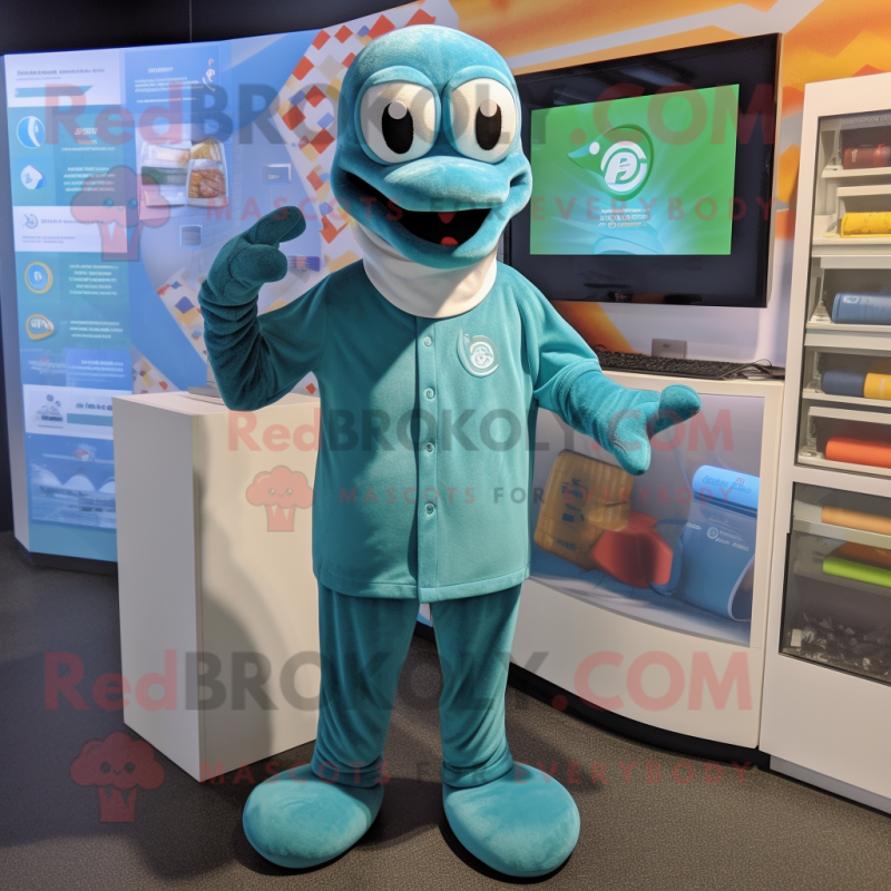 Teal Python mascot costume character dressed with a Sweatshirt and Cufflinks