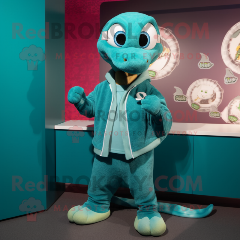 Teal Python mascot costume character dressed with a Sweatshirt and Cufflinks Teal Python mascot costume character dressed with a Sweatshirt and Cufflinks