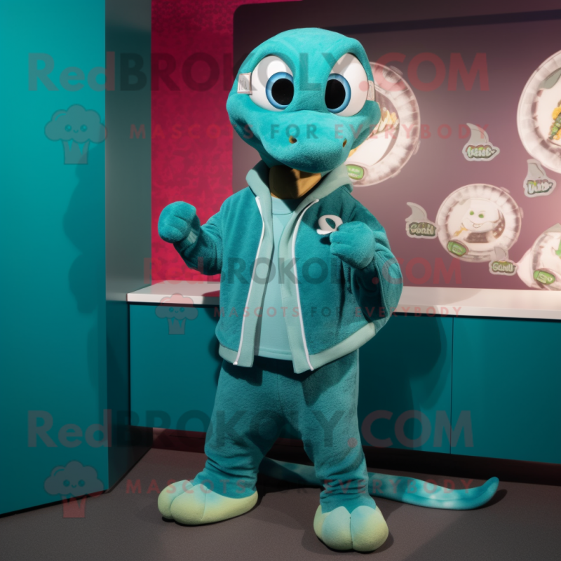 Teal Python mascot costume character dressed with a Sweatshirt and Cufflinks