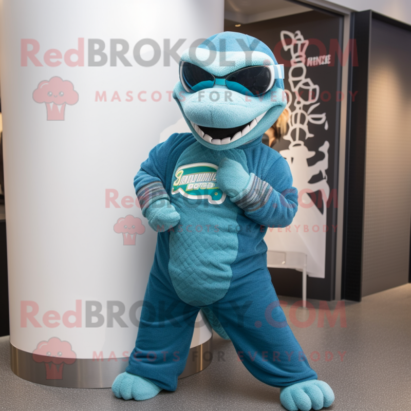 Teal Python mascot costume character dressed with a Sweatshirt and Cufflinks