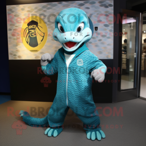 Teal Python mascot costume character dressed with a Sweatshirt and Cufflinks