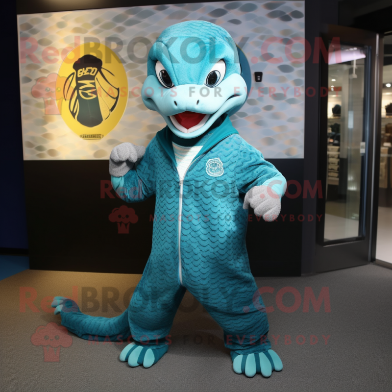 Teal Python mascot costume character dressed with a Sweatshirt and Cufflinks Teal Python mascot costume character dressed with a Sweatshirt and Cufflinks