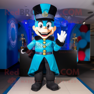 Cyan Ring Master mascot costume character dressed with a Bomber Jacket and Shoe clips