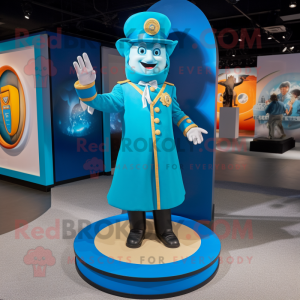 Cyan Ring Master mascot costume character dressed with a Bomber Jacket and Shoe clips
