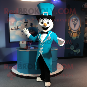 Cyan Ring Master mascot costume character dressed with a Bomber Jacket and Shoe clips