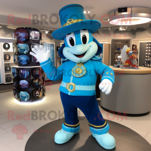 Cyan Ring Master mascot costume character dressed with a Bomber Jacket and Shoe clips