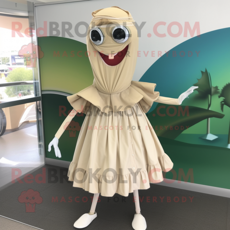 Beige Stilt Walker mascot costume character dressed with a Wrap Skirt and Shoe clips