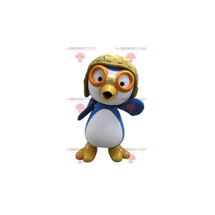Blue and white bird mascot in aviator outfit - Redbrokoly.com