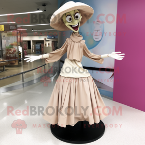 Beige Stilt Walker mascot costume character dressed with a Wrap Skirt and Shoe clips
