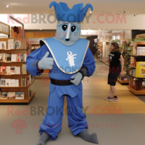 Blue Medieval Knight mascot costume character dressed with a Boyfriend Jeans and Hat pins