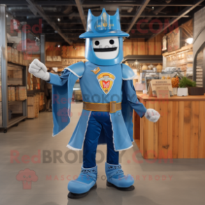 Blue Medieval Knight mascot costume character dressed with a Boyfriend Jeans and Hat pins