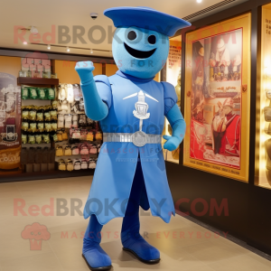Blue Medieval Knight mascot costume character dressed with a Boyfriend Jeans and Hat pins