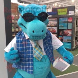 Turquoise Komodo Dragon mascot costume character dressed with a Flannel Shirt and Reading glasses
