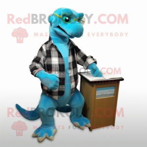 Turquoise Komodo Dragon mascot costume character dressed with a Flannel Shirt and Reading glasses