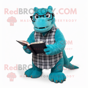 Turquoise Komodo Dragon mascot costume character dressed with a Flannel Shirt and Reading glasses