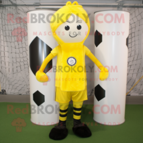 Yellow Soccer Goal mascot costume character dressed with a Leggings and Scarves