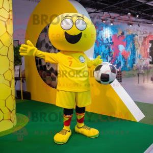 Yellow Soccer Goal mascot costume character dressed with a Leggings and Scarves