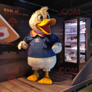 Tan Muscovy Duck mascot costume character dressed with a Rugby Shirt and Anklets