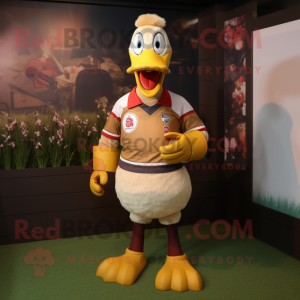 Tan Muscovy Duck mascot costume character dressed with a Rugby Shirt and Anklets