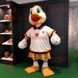 Tan Muscovy Duck mascot costume character dressed with a Rugby Shirt and Anklets