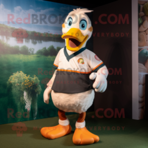 Tan Muscovy Duck mascot costume character dressed with a Rugby Shirt and Anklets