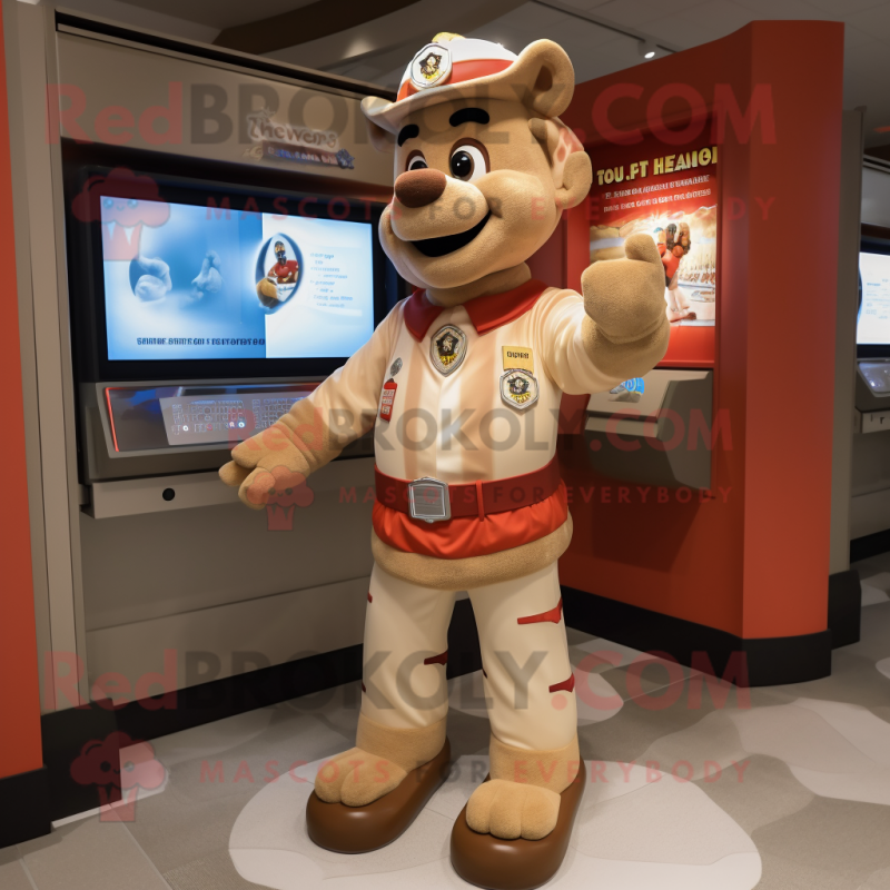 Tan Fire Fighter mascot costume character dressed with a Cardigan and Bracelets Tan Fire Fighter mascot costume character dressed with a Cardigan and Bracelets