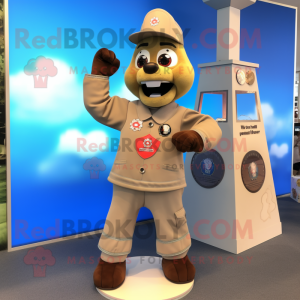 Tan Fire Fighter mascot costume character dressed with a Cardigan and Bracelets