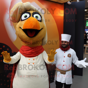 Cream Tandoori Chicken mascot costume character dressed with a Turtleneck and Hats