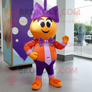 Purple Apricot mascot costume character dressed with a Graphic Tee and Bow ties