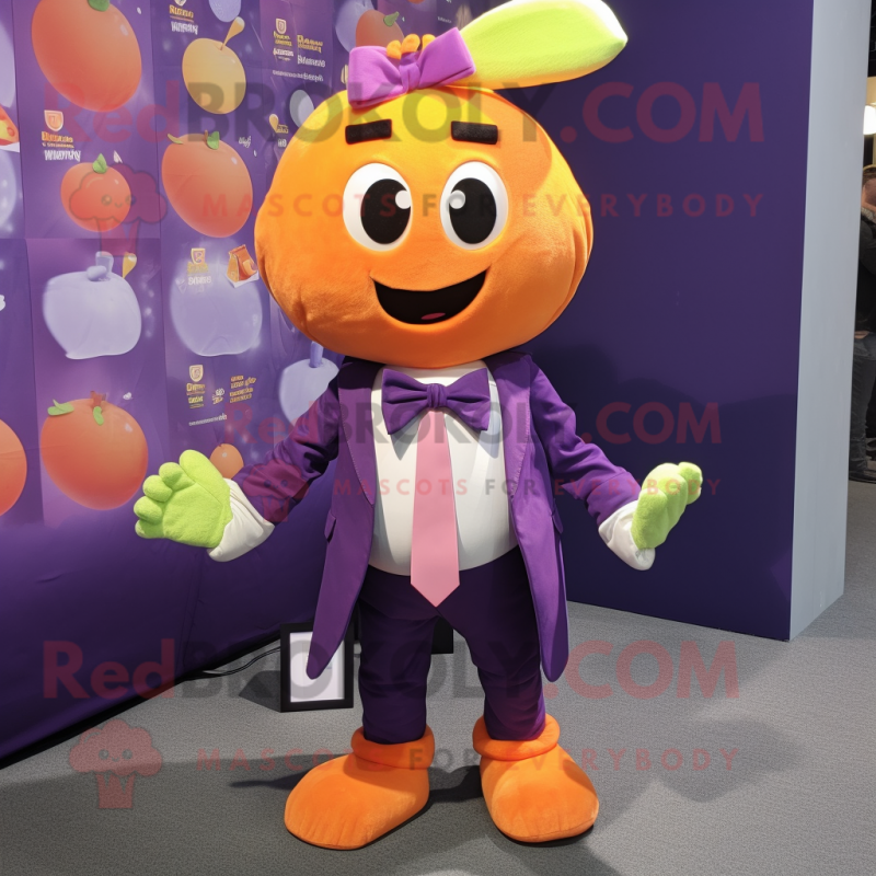 Purple Apricot mascot costume character dressed with a Graphic Tee and Bow ties