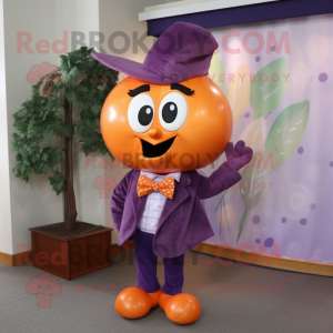Purple Apricot mascot costume character dressed with a Graphic Tee and Bow ties