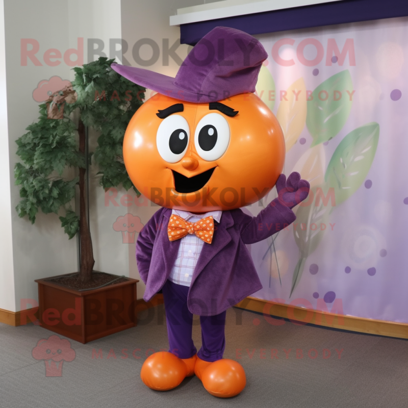 Purple Apricot mascot costume character dressed with a Graphic Tee and Bow ties Purple Apricot mascot costume character dressed with a Graphic Tee and Bow ties