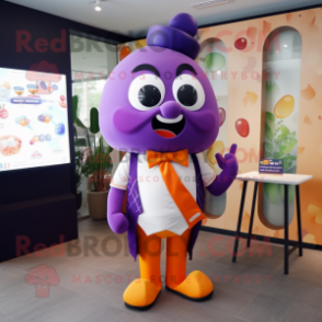 Purple Apricot mascot costume character dressed with a Graphic Tee and Bow ties