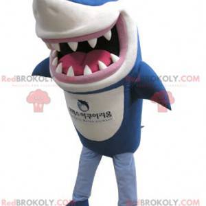 Mascotte van blauwe en witte haai ziet er woest uit -