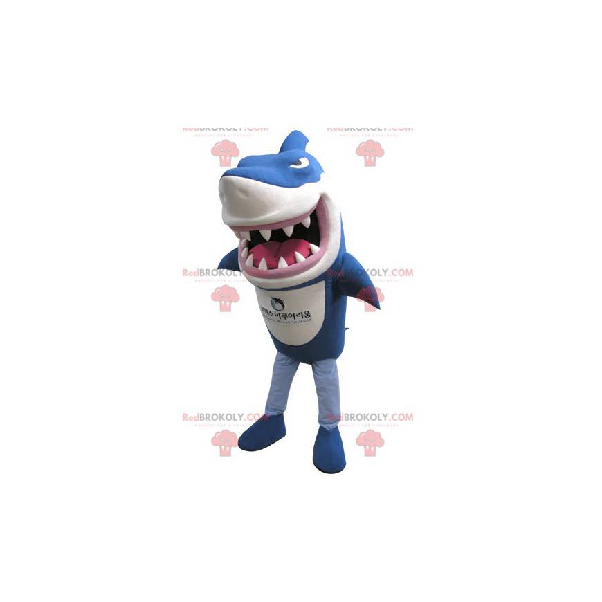 Blå og hvid haj maskot ser hård ud - Redbrokoly.com