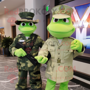 Lime Green Marine Recon mascot costume character dressed with a Tuxedo and Hats