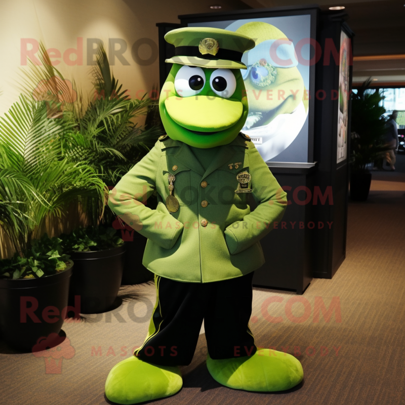 Lime Green Marine Recon mascot costume character dressed with a Tuxedo and Hats
