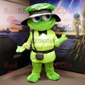 Lime Green Marine Recon mascot costume character dressed with a Tuxedo and Hats