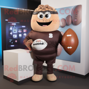 Brown Rugby Ball mascot costume character dressed with a Sweatshirt and Clutch bags