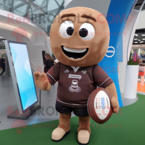 Brown Rugby Ball mascot costume character dressed with a Sweatshirt and Clutch bags