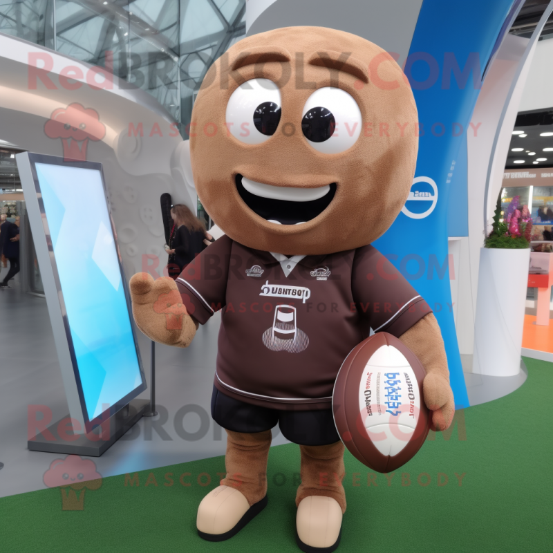 Brown Rugby Ball mascot costume character dressed with a Sweatshirt and Clutch bags Brown Rugby Ball mascot costume character dressed with a Sweatshirt and Clutch bags