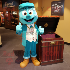 Teal Treasure Chest mascot costume character dressed with a Henley Tee and Tie pins