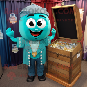 Teal Treasure Chest mascot costume character dressed with a Henley Tee and Tie pins