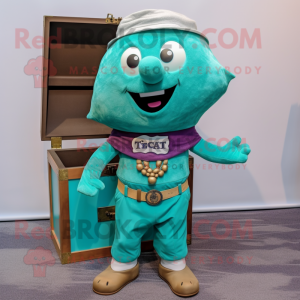 Teal Treasure Chest mascot costume character dressed with a Henley Tee and Tie pins