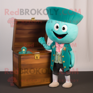 Teal Treasure Chest mascot costume character dressed with a Henley Tee and Tie pins
