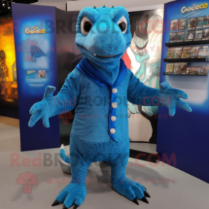 Blue Komodo Dragon mascot costume character dressed with a Cardigan and Foot pads